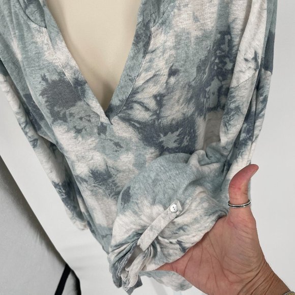 Cynthia Rowley Linen Hoodie Top Blue Tie Dye Roll Tab Sleeves Womens Sz Large - Picture 4 of 8